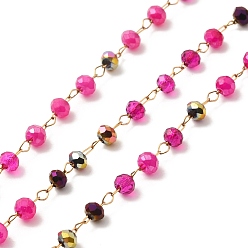 Deep Pink Ion Plating(IP) Real 18K Gold Plated 316 Surgical Stainless Steel Link Chains, with Glass Round Beads, Soldered, with Spool, Deep Pink, 2.5x3mm, Bead: 3x2.5mm