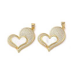 Real 18K Gold Plated Brass Micro Pave Cubic Zirconia Pendants, with Shell, Heart, Real 18K Gold Plated, 21x27.5x4mm, Hole: 4x3.5mm