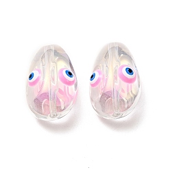Pearl Pink Transparent Glass Beads, with Enamel, Teardop with Evil Eye Pattern, Pearl Pink, 20.5x13x10mm, Hole: 1.2mm