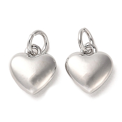 Real Platinum Plated Rack Plating Brass Charms, with Jump Ring, Heart, Real Platinum Plated, 10x9x3mm, Hole: 3mm