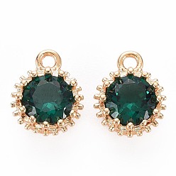 Sea Green Brass Micro Pave Cubic Zirconia Charms, Nickel Free, Real 18K Gold Plated, Faceted Flat Round, Sea Green, 9x7x4mm, Hole: 1.2mm