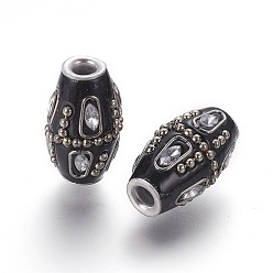 Platinum Handmade Indonesia Beads, with Rhinestone and Brass Findings, Rice, Platinum, Black, 27x16mm, Hole: 4.2mm