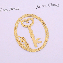 Key Brass Hollow Bookmark, Oval, Golden, Key Pattern, 28x25mm