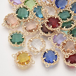 Mixed Color Faceted Glass Links connectors, with Golden Tone Brass Open Back Settings, Flat Round, Mixed Color, 17.5x14x3.5~5mm, Hole: 1.2mm