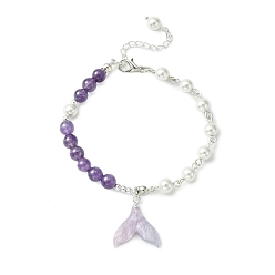 Amethyst Cellulose Acetate(Resin) Whale Tail Charm Bracelet, Natural Amethyst & Shell Pearl Beaded Bracelet, 7-1/2 inch(19.2cm)
