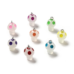 Mixed Color Spray Painted Luminous Resin Pendants, Mushroom Charm, with Glitter Powder and Platinum Tone Iron Loops, Mixed Color, 21.5x13.5mm, Hole: 2.5mm