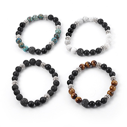 Mixed Stone Natural Mixed Gemstone and Natural Black Agate(Dyed) Beads Stretch Bracelets, with Brass Cubic Zirconia Beads and Alloy Beads, 2-3/8 inch(6cm)