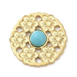 Синтетическая Бирюза Вакуумное покрытие pvd 316 многожильные звенья из нержавеющей стали, с синтетическими бирюзовый, цветок, реальный 18 k позолоченный, 14.5x3 мм, отверстие : 1.2 мм