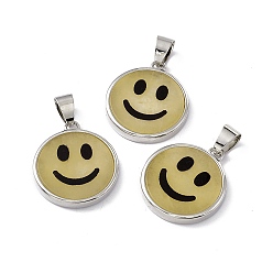 Yellow Aventurine Natural Yellow Aventurine Pendants, Flat Round with Smiling Face Charms, with Rack Plating Platinum Tone Brass Findings, Cadmium Free & Lead Free, 21x18.5x3mm, Hole: 4x6mm