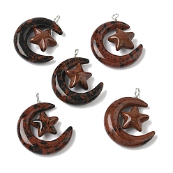 Красный Обсидиан Натурального красного дерева обсидиана подвески, луна со звездными чарами, с петлями из медной проволоки, платина, 36~37x27~28x7.5~8 мм, отверстие : 4 мм