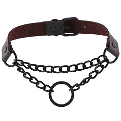 (Dark circle) deep coffee color Dark Punk Leather Collar Necklace with Round Rings and Chain for Street Style