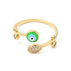 Lime Green Clear Cubic Zirconia Leaf & Enamel Evil Eye Open Cuff Ring, Real 18K Gold Plated Brass Jewelry for Women, Cadmium Free & Nickel Free & Lead Free, Lime Green, US Size 7 3/4(17.9mm)