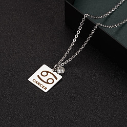 Cancer Constellation Rectangle Pendant Necklace, 201 Stainless Steel Square with Rhinestone Pendant Necklace for Men Women, Cancer, 17.72 inch(45cm)