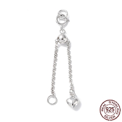 Real Platinum Plated Rhodium Plated 925 Sterling Silver Ends with Chains, with Spring Clasps, Slide Bead, Jump Ring and Heart Charms, Real Platinum Plated, 39mm, Hole: 2.6mm