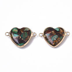 Teal Assembled Bronzite & Imperial Jasper Links connectors, with Golden Plated Brass Loops, Heart, Golden, Teal, 21x29x7~8mm, Hole: 2.5mm