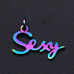 Rainbow Color Ion Plating(IP) 201 Stainless Steel Pendants, with Jump Rings, Word Sexy, Rainbow Color, 11x19x1mm, Hole: 3mm