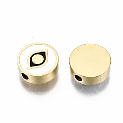 Golden 304 Stainless Steel Beads, Laser Cut, with Enamel, White, Flat Round with Eye, Golden, 9.5x3mm, Hole: 2mm