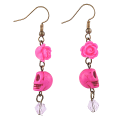 Deep Pink Halloween Synthetic Howlite Skull Dangle Earrings, with Resin Rose Flower, Glass Bicone Beads and Antique Bronze Plated Brass Earring Hooks, Deep Pink, 55mm, Pin: 0.6mm