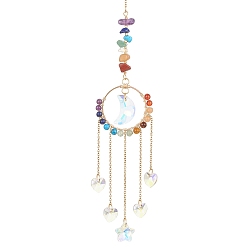 Golden Glass Heart/Star/Moon Pendant Decoration, Hanging Suncatchers, with Ring Brass Finding & Chakra Gemstone Chip Beads, Golden, 310mm