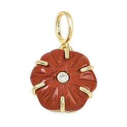 Красный Камень Резные подвески из натуральной красной яшмы, подвески-цветы с латунными подвесками-паве из прозрачных кубических цирконий, золотые, стойки покрытие, 18.5x16.5x7 мм, отверстие : 6x4 мм