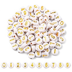 White Plating Acrylic Beads, Golden Metal Enlaced, Flat Round with Number, White, White, 7x4mm, Hole: 1.2mm