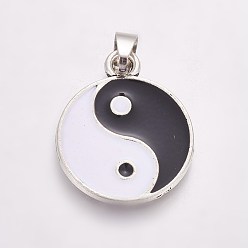 Antique Silver Feng Shui Black & White Alloy Enamel Pendants, Flat Round with Yin Yang, Antique Silver, 28x23x2mm, Hole: 3mm