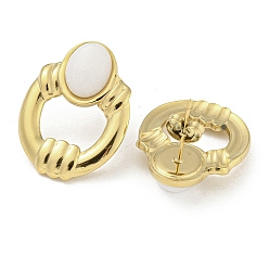 White Jade Real 18K Gold Plated 304 Stainless Steel Oval Stud Earrings, with Natural White Jade, 26x20mm