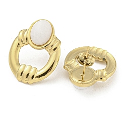 White Jade Real 18K Gold Plated 304 Stainless Steel Oval Stud Earrings, with Natural White Jade, Ion Plating(IP), 26x20mm