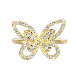 Real 18K Gold Plated 925 Sterling Silver Butterfly Finger Rings with Cubic Zirconia, with S925 Stamp, Golden, 1.6mm, US Size 7(17.3mm)