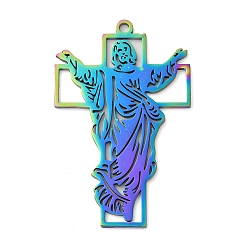 Rainbow Color 304 Stainless Steel Pendants, Jesus with Cross, Rainbow Color, 55x35x1.5mm, Hole: 2mm