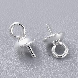 Silver 304 Stainless Steel Cup Pearl Peg Bails Pin Pendants, For Half Drilled Beads, Silver, 7x4mm, Hole: 1.5mm, Pin: 0.8mm