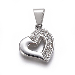 Нержавеющая Сталь Цвет 304 подвески из нержавеющей стали с открытым сердцем, со стеклянными стразами, кристалл, цвет нержавеющей стали, 24x20x4 мм, отверстие : 9x4 мм