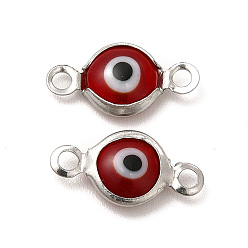 FireBrick 304 Stainless Steel Connector Charms, Flat Round Links with Evil Eye Pattern, with Glass Enamel, Stainless Steel Color, FireBrick, 13x6.5x2.5mm, Hole: 1.5mm