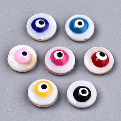 Mixed Color Natural Freshwater Shell Beads, with Enamel, Flat Round with Evil Eye, Mixed Color, 9x4.5mm, Hole: 0.8mm, about 50pcs/bag