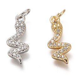 Mixed Color Brass Micro Pave Clear Cubic Zirconia Pendants, Long-Lasting Plated, with Jump Ring, Snake, Mixed Color, 15.5x6.5x2mm, Jump Ring: 5x1mm, 3mm Inner Diameter