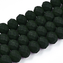 Dark Green Glass Beads Strands, Faceted, Frosted, Rondelle, Dark Green, 8mm, Hole: 1mm, about 63~65pcs/strand, 39~40cm