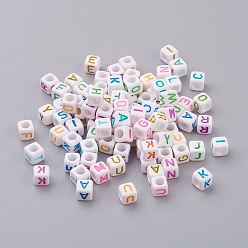 Mixed Color Opaque Horizontal Hole Acrylic Beads, Mixed Letters, Cube, Mixed Color, about 6mm in diameter, about 2600pcs/500g, hole: about 3.2mm