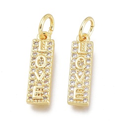Real 18K Gold Plated Brass Micro Pave Clear Cubic Zirconia Charms, with Jump Ring, Long-Lasting Plated, Rectangle with Word Love, Real 18K Gold Plated, 15x4x2.4mm, Jump Ring: 5x0.7mm, 3.6mm Inner Diameter