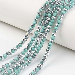 Light Sea Green Electroplate Opaque Glass Beads Strands, Half Silver Plated, Faceted, Rondelle, Light Sea Green, 4x3mm, Hole: 0.4mm, about 130pcs/strand, 16.54 inch(42cm)