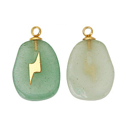 Green Aventurine Natural Green Aventurine Pendants, Oval Charms with Golden Tone Stainless Steel Lightning Slice, 17x11mm, Hole: 1.5mm