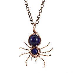 Lapis Lazuli Natural Lapis Lazuli Spider Pendant Necklaces, with Red Copper Brass Chains, 20.87 inch(53cm)