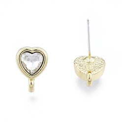 Light Gold Rack Plating Alloy Rhinestone Stud Earring Findings, with Vertical Loop and 304 Stainless Steel Steel Pin, Heart, Cadmium Free & Nickel Free & Lead Free, Light Gold, 12.5x9mm, Hole: 2mm, Pin: 0.6mm