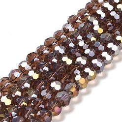 Sienna Transparent Glass Beads, 32 Facets, AB Color Plated, Round, Sienna, 8x7~7.5mm, Hole: 1.5mm, about 66pcs/strand, 18.82''~19.06''(47.8~48.4cm)