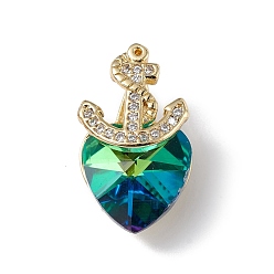 Dark Cyan Real 18K Gold Plated Rack Plating Brass Micro Pave Clear Cubic Zirconia Pendants, with Glass, Long-Lasting Plated, Cadmium Free & Lead Free, Boat Anchor & Heart Charm, Dark Cyan, 20x12x9mm, Hole: 6x2.5mm