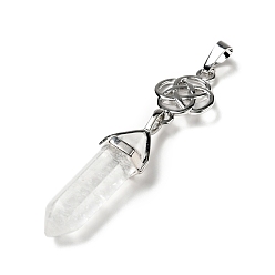 Cristal de Quartz Pendentif en cristal de quartz naturel, avec les accessoires en laiton de tonalité de platine, sans cadmium et sans plomb, fleur, 65~68mm, Trou: 4.6x8mm
