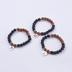 Lava Rock Yoga Chakra Jewelry, Lava Rock Bodhi Wood Beads and Stretch Charm Bracelets, with Tibetan Style Alloy Findings, 50mm, about 22pcs/strand