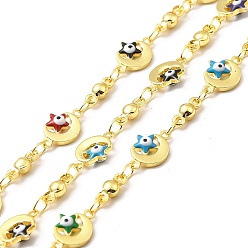 Colorful Handmade Eco-friendly Brass Enamel Moon & Star with Evil Eye Link Chain, with Flat Round Link Chain, Real 18K Gold Plated, Lead Free & Cadmium Free, Soldered, with Spool, Colorful, 7.5x10.5x3mm