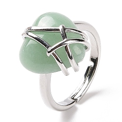 Зеленый Авантюрин Регулируемое кольцо с сердцем из натурального зеленого авантюрина, украшения из латунной проволоки для женщин, без кадмия и без свинца, размер США 7 1/4~13 (17.5~22.3 мм)