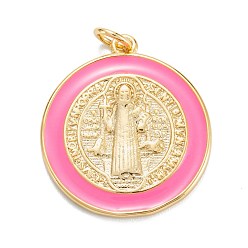 Ярко-Розовый Латунь эмаль подвески, реальный 18 k позолоченный, долговечный, подвески медали святого бенедикта, золотые, ярко-розовый, 23.5x20.5x2 мм, отверстие : 3 мм, Перейти кольцо: 5x0.8 мм