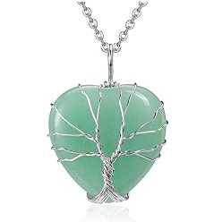 Green Aventurine Natural Green Aventurine Tree of Life Pendants, Heart Charms with Platinum Alloy Wire Wrapped Tree, 37x31mm